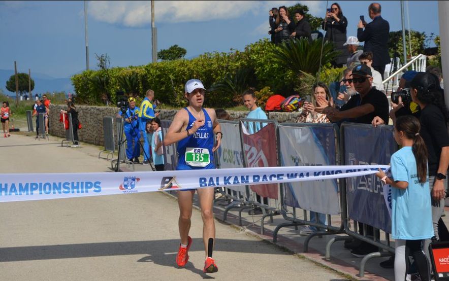Panagiotis Saltis finishing Balkan Championship race walk 2025